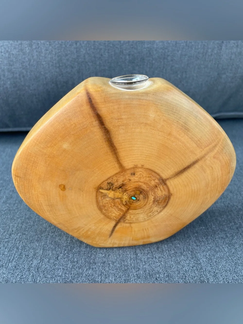 Uli Kirchler Studios Wood Carved Round Turquoise Bud Vase Handmade MCM